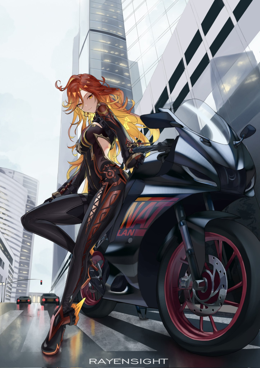 artist_name biker_clothes black_bikesuit black_footwear black_gloves breasts clothing_cutout female genshin_impact gloves gradient_hair highres knee_up large_breasts leaning_against_motorcycle long_hair mavuika_(genshin_impact) motor_vehicle motorcycle multicolored_hair orange_hair outdoors rayen_sight smile solo sun-shaped_pupils sun_earrings