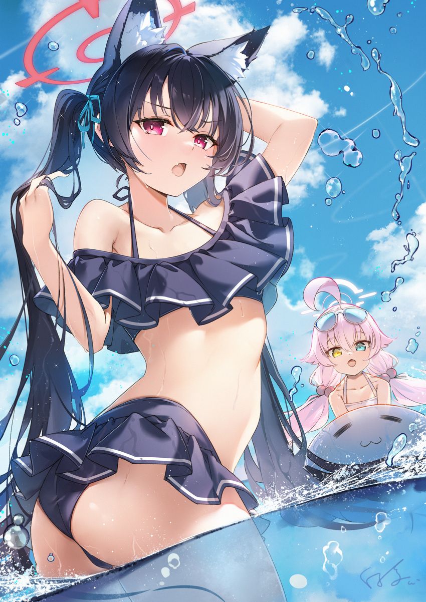 2girls ahoge animal_ear_fluff animal_ears ass baisi_shaonian bare_shoulders bikini bikini_skirt black_bikini black_hair blue-tinted_eyewear blue_archive blue_eyes blue_sky blush cat_ears cloud cloudy_sky collarbone day extra_ears eyewear_on_head frilled_bikini frills hair_between_eyes hair_bobbles hair_ornament hair_ribbon halo heterochromia highres hoshino_(blue_archive) hoshino_(swimsuit)_(blue_archive) huge_ahoge inflatable_toy inflatable_whale long_hair looking_at_viewer looking_back low_twintails multiple_girls ocean oerba_yun_fang off-shoulder_bikini off_shoulder official_alternate_costume open_mouth outdoors partially_submerged pink_hair pink_halo red_eyes red_halo ribbon serika_(blue_archive) serika_(swimsuit)_(blue_archive) sky smile standing stuffed_whale sunglasses swimsuit tinted_eyewear twintails very_long_hair wading water wet white-framed_eyewear white_bikini yellow_eyes