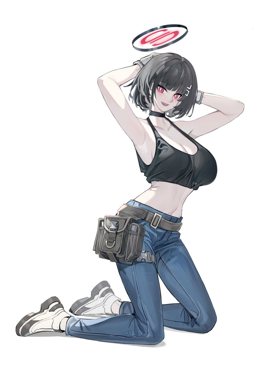 :d absurdres alternate_costume alternate_hair_length alternate_hairstyle armpits arms_up bare_arms bare_shoulders belt black_choker black_hair black_tank_top blue_archive breasts choker cleavage commentary_request crop_top denim echj female gloves grey_belt halo highres jeans kneeling large_breasts looking_at_viewer midriff navel open_mouth pants red_eyes rio_(blue_archive) shoes short_hair simple_background smile solo stomach tank_top thighs white_background white_footwear