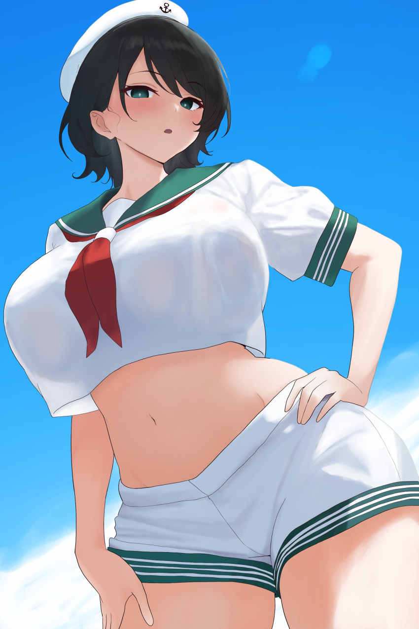 absurdres anchor black_hair female green_eyes hand_on_own_hip hat highres moriforest1040 murasa_minamitsu navel neckerchief parted_lips red_neckerchief sailor sailor_collar sailor_hat sailor_shirt shirt short_hair short_sleeves shorts sky solo stomach touhou white_shorts