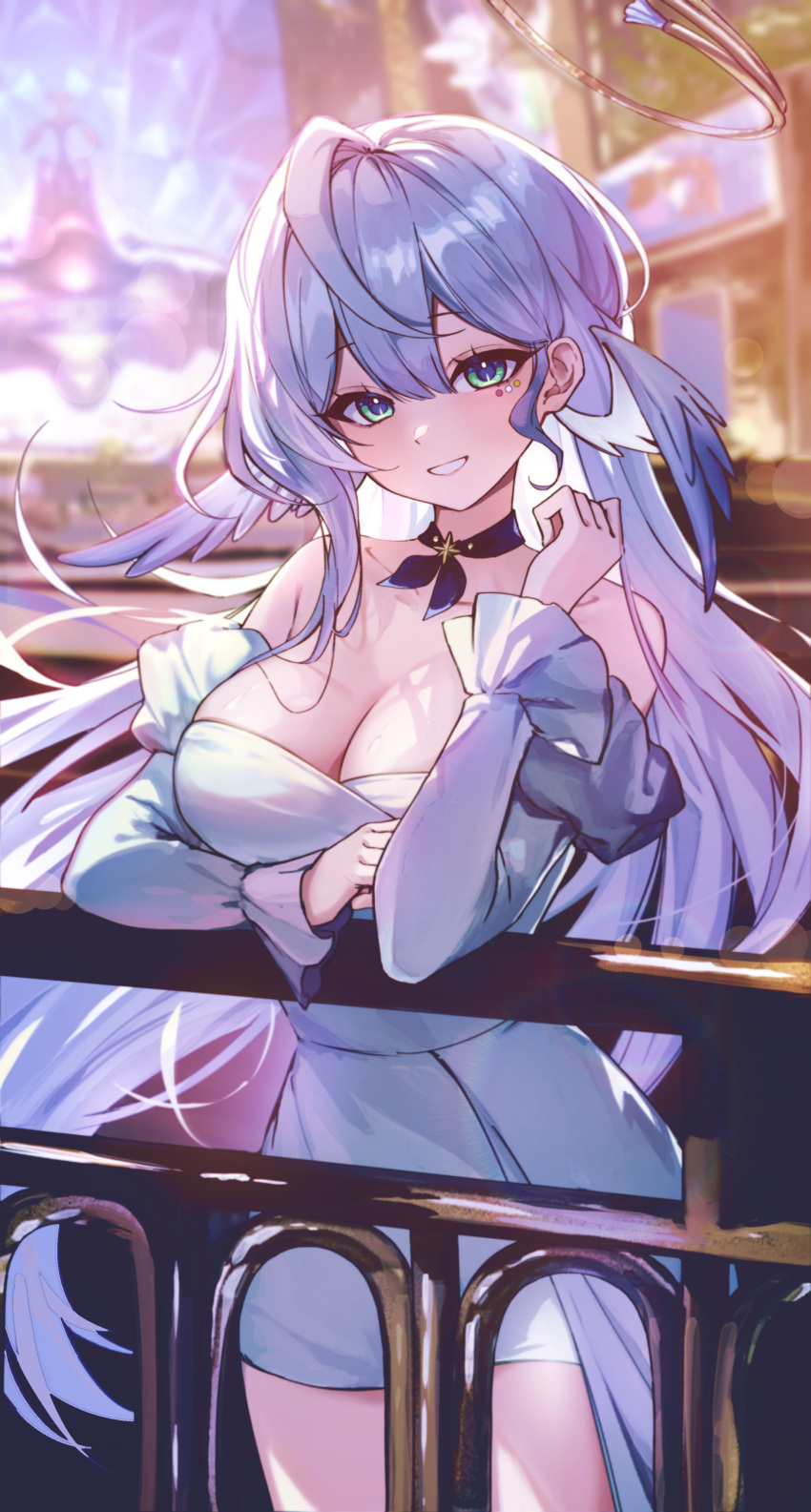 absurdres against_railing alternate_costume bare_shoulders blue_hair blue_wings blurry blurry_background blush breasts cleavage collarbone commentary dress feathered_wings female fence gradient_wings green_eyes head_wings highres hokkul honkai:_star_rail honkai_(series) large_breasts light_blue_hair long_hair long_sleeves looking_at_viewer multicolored_wings off-shoulder_dress off_shoulder railing robin_(honkai:_star_rail) single_hair_intake smile solo two-tone_wings white_dress white_wings wings