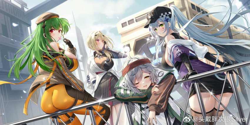 4girls ahoge andoris_(girls'_frontline_2) ass bandana baseball_cap beret black_hat blonde_hair breasts brown_eyes brown_hat brown_jacket building candy chinese_commentary closed_mouth commentary_request cross_hair_ornament floating_hair food g11_(girls'_frontline) g28_(girls'_frontline) girls'_frontline girls'_frontline_2:_exilium green_eyes green_hair green_jacket hair_ornament hat highres hk416_(girls'_frontline) holding holding_candy holding_food holding_lollipop jacket large_breasts lollipop long_hair looking_at_viewer multiple_girls off_shoulder on_railing one_eye_closed open_clothes open_jacket open_mouth outdoors ponytail purple_jacket railing red_bandana red_eyes short_hair silveroid tattoo teardrop_facial_mark teardrop_tattoo weibo_logo weibo_watermark