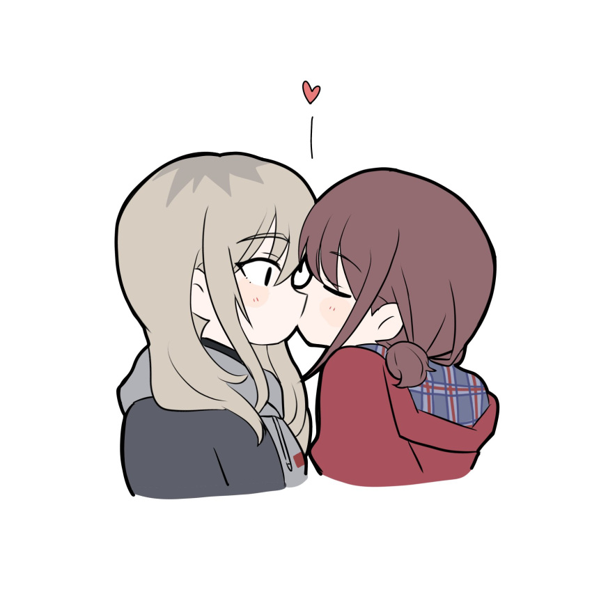 2girls brown_hair closed_eyes commentary from_side girls_band_cry grey_hair grey_hoodie grey_jacket heart highres hood hooded_jacket hoodie iseri_nina jacket kawaragi_momoka kissing lemoontya long_hair multicolored_hair multiple_girls profile red_jacket roots_(hair) short_twintails simple_background symbol-only_commentary twintails upper_body white_background yuri