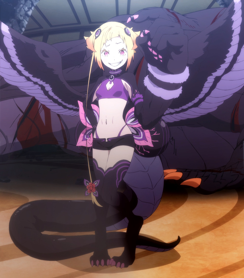 absurdres anime_screenshot black_feathers black_thighhighs black_wings blonde_hair blood breasts capella_emerada_lugnica clawed_feet claws cleavage_cutout clothing_cutout dragon_girl dragon_tail fangs feathered_wings feathers female giant_hand grin hair_ornament hand_on_own_hip highleg highleg_panties highres looking_at_viewer micro_shorts navel non-web_source official_art open_mouth panties pink_eyes pink_nails purple_feathers re:zero_kara_hajimeru_isekai_seikatsu short_hair shorts shrug_(clothing) small_breasts smile stitched tail thighhighs transformation underwear wings