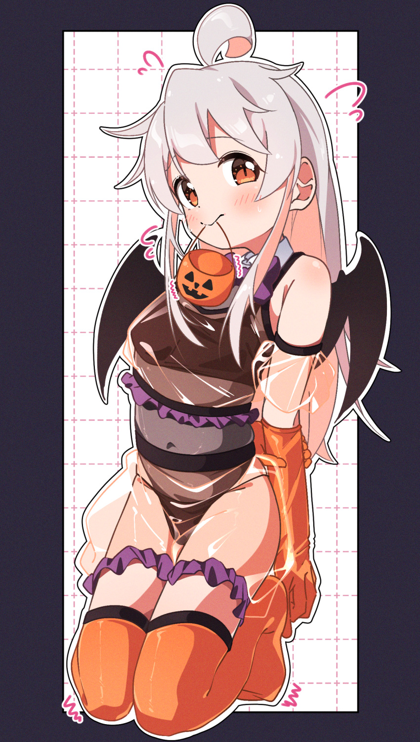 ahoge alternate_costume arm_at_side arm_behind_back bare_shoulders bat_wings blush bow bowtie breasts colored_inner_hair commentary covered_navel detached_sleeves elbow_gloves female flying_sweatdrops full_body gloves grey_hoodie grey_leotard grey_thighhighs halloween_bucket halloween_costume highres hood hoodie kneeling leotard long_hair looking_at_viewer mouth_hold multicolored_hair onii-chan_wa_oshimai! orange_gloves outline oyama_mahiro pink_hair puffy_detached_sleeves puffy_sleeves purple_bow purple_bowtie red_eyes see-through_clothes see-through_skirt see-through_sleeves simple_background skirt small_breasts smile solo thighhighs two-tone_hair white_outline wings yairo_ju