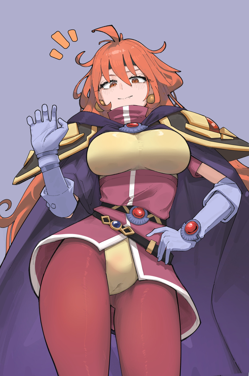 absurdres armor azz0422 black_cape blue_background breasts brown_hair cape female highres large_breasts leotard lina_inverse long_hair orange_hair pantyhose shoulder_armor simple_background slayers solo yellow_leotard