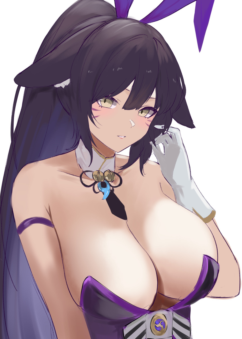 absurdres animal_ears azur_lane black_hair blush breasts cleavage detached_sleeves facepaint fake_animal_ears female fox_ears fox_girl gloves hair_between_eyes hand_up highres jewelry large_breasts leotard long_hair looking_at_viewer magatama magatama_necklace musashi_(azur_lane) musashi_(the_purple_rabbit's_marksmanship)_(azur_lane) necklace obniermarbiss parted_lips rabbit_ears slit_pupils smile solo strapless strapless_leotard upper_body very_long_hair white_gloves yellow_eyes