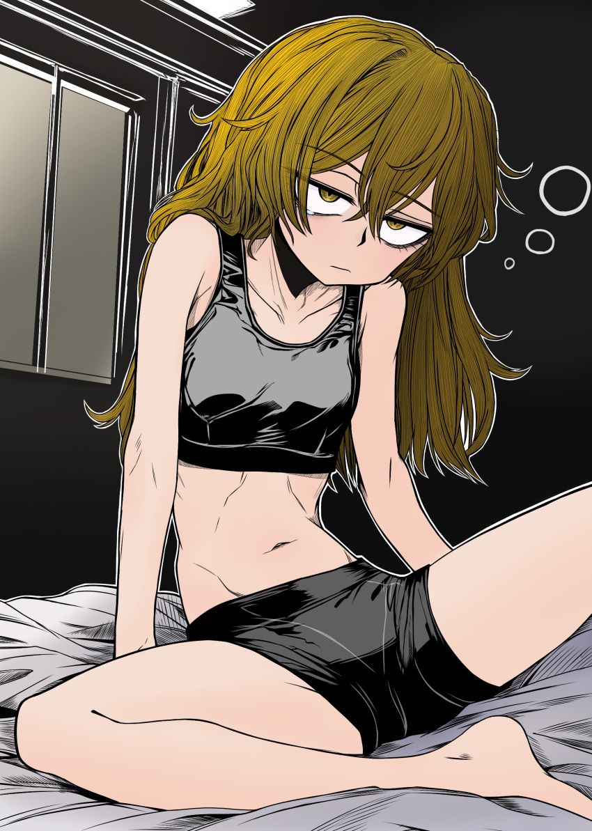 :/ absurdres bare_shoulders bed black_panties black_sports_bra blonde_hair boxers breasts closed_mouth double-parted_bangs highres indoors kirisame_marisa long_hair male_underwear midriff navel panties short_shorts shorts sitting sleepy small_breasts sports_bra spread_legs touhou underwear voyagehermitage window yellow_eyes