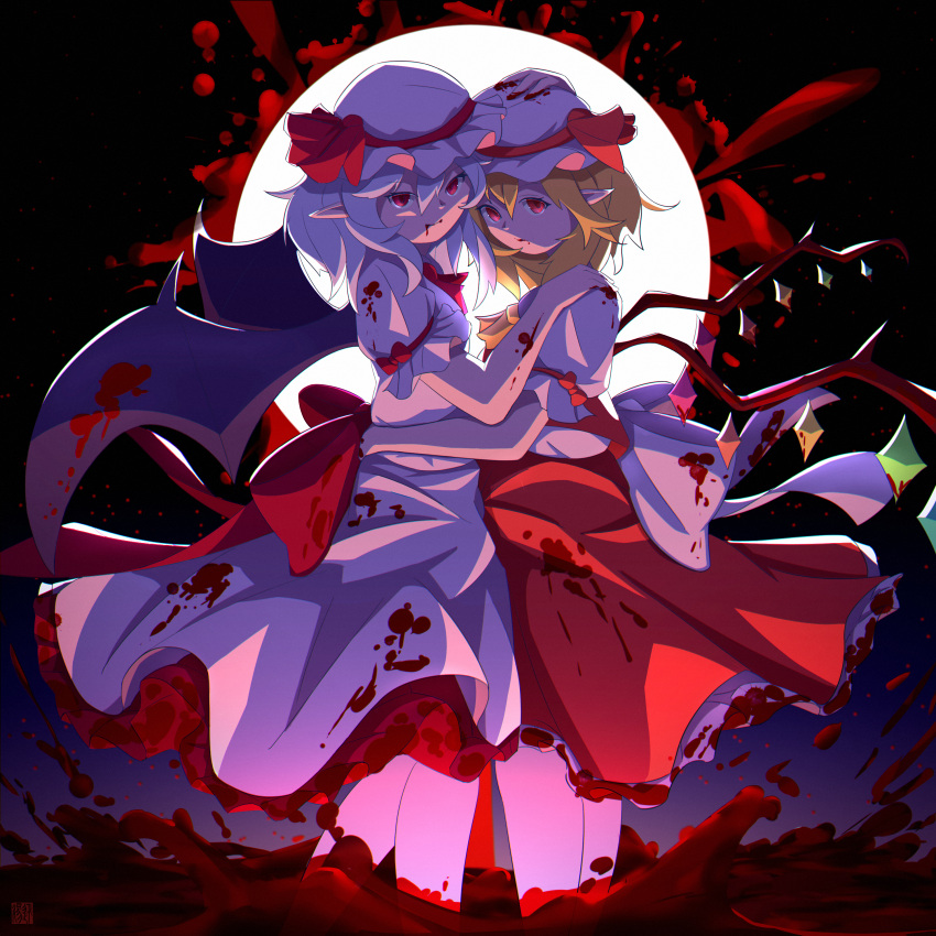 2girls absurdres ascot bat_wings blonde_hair blood blue_hair bow crystal_wings dress flandre_scarlet hat hat_ribbon highres hug looking_at_viewer mob_cap multiple_girls puffy_sleeves red_eyes red_ribbon remilia_scarlet ribbon short_hair short_sleeves siblings sisters skirt smile tojin touhou wings wrist_cuffs