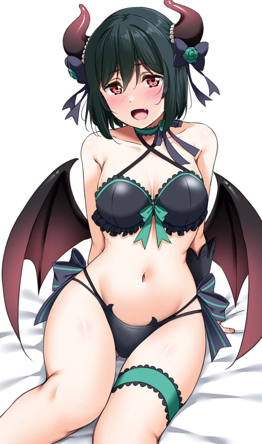 adapted_costume bed_sheet bikini black_bikini black_hair black_horns black_wings blush bob_cut bow breasts choker cleavage criss-cross_halter demon_girl demon_horns female flower frilled_thigh_strap gradient_wings green_flower green_rose halterneck highres horn_bow horn_ornament horns looking_at_viewer love_live! love_live!_nijigasaki_high_school_idol_club medium_breasts mifune_shioriko multicolored_horns multicolored_wings navel oerba_yun_fang pink_horns pink_wings red_eyes rose short_hair sitting stomach swept_bangs swimsuit thighs white_background wings yopparai_oni