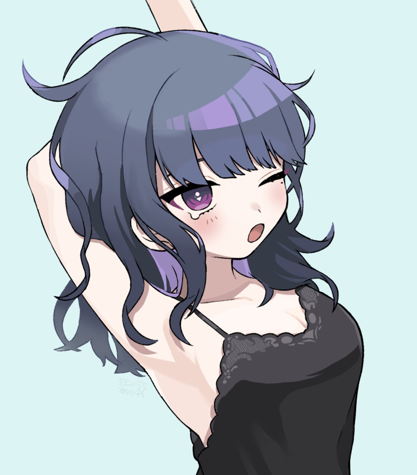 :o ahoge arm_up armpits babydoll black_babydoll blush breasts cleavage ebiura_akane female highres koshimizu_toru long_hair nijisanji one_eye_closed purple_eyes purple_hair sleepy small_breasts solo stretching tearing_up virtual_youtuber