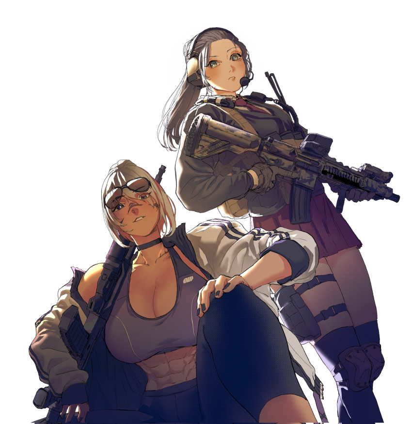 2girls abs ak-12 ammunition_pouch assault_rifle aviator_sunglasses black_choker black_nails black_pants black_thighhighs blazer borrowed_character breasts bright_pupils camouflage chest_rig choker cleavage collarbone collared_shirt commentary commission crossover desert_camouflage dutch_angle english_commentary eyewear_on_head facepaint facial_mark feet_out_of_frame from_below gloves green_eyes grey_hair grey_jacket gun h&k_hk416 hand_on_own_knee headphones headset heckler_&_koch highres holding holding_gun holding_weapon holster huge_breasts jacket kalashnikov_rifle knee_pads knee_up laser_sight long_sleeves looking_at_viewer magazine_(weapon) maxturbo69 medium_breasts microphone military military_operator multiple_girls muscular muscular_female navel necktie optical_sight original pants parted_lips peq pleated_skirt ponytail pouch radio_antenna raised_eyebrow red_necktie red_skirt rifle sakita_(vectranut23) school_uniform shirt sidelighting simple_background single_bare_shoulder single_off_shoulder single_sleeve_past_wrist sitting skirt sports_bra sportswear standing star_(starnight17) stomach sunglasses tactical_clothes thigh_holster thighhighs trigger_discipline vertical_foregrip walkie-talkie weapon white_background white_hair white_jacket white_pupils white_shirt yoga_pants