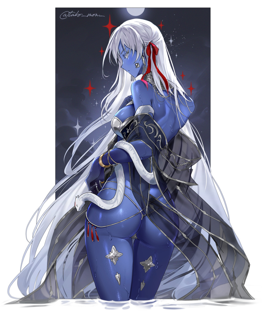 absurdres armor ass back bare_shoulders bikini_armor blue_skin bracelet breasts collar colored_skin earrings fate/grand_order fate_(series) female hair_ribbon highres jewelry kali_(fate) large_breasts long_hair looking_at_viewer looking_back metal_collar muneomon_(takomon) necklace revealing_clothes ribbon sash snake solo thighs third_eye thumb_ring very_long_hair wading water white_eyes white_hair