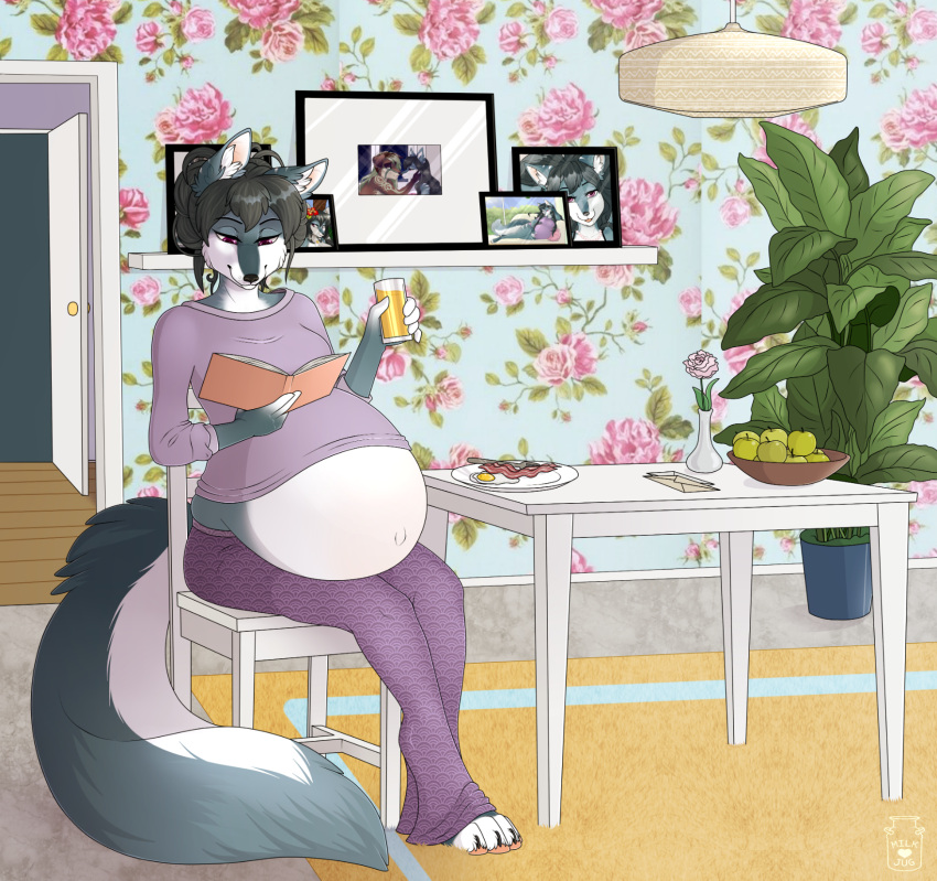 anthro belly beverage big_belly black_hair black_nose blue_body blue_fur book bottomwear canid clothed clothing female fur glistening glistening_eyes hair hi_res holding_beverage holding_book holding_object mammal milk-jug mouth_closed narrowed_eyes navel pants pawpads pink_pawpads plant plant_pot potted_plant pregnant pregnant_anthro pregnant_female purple_bottomwear purple_clothing purple_pants purple_topwear reading reading_book red_eyes sitting solo topwear white_body white_fur