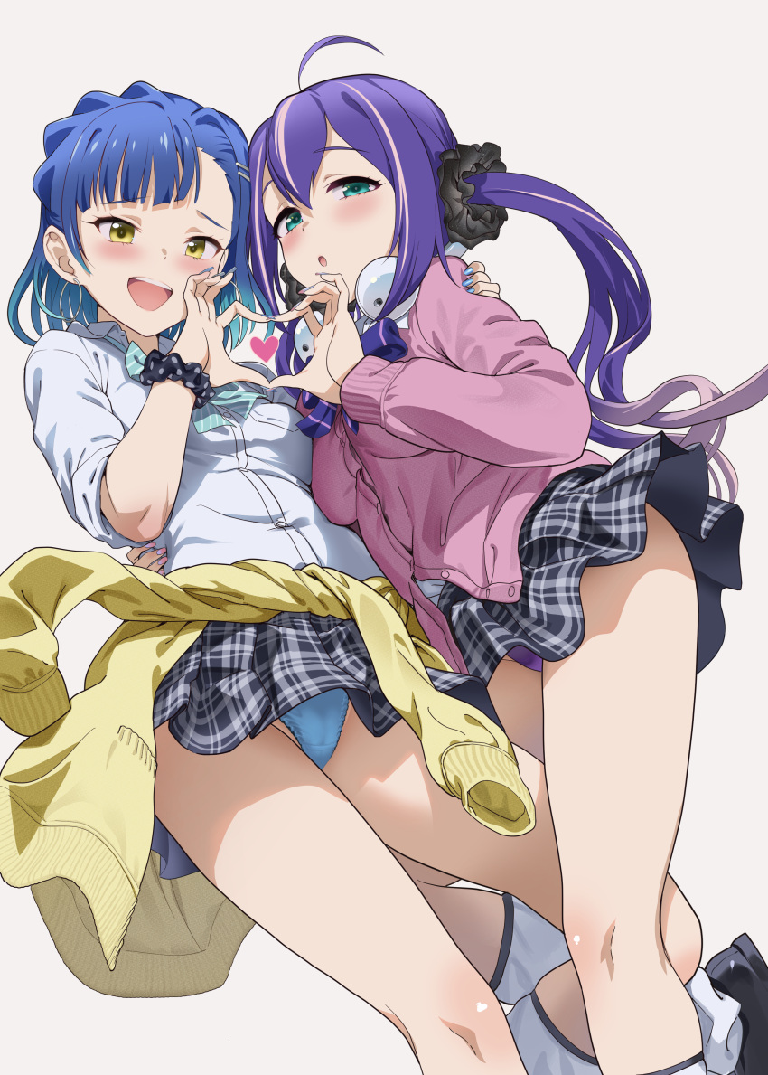 2girls absurdres andou_shuki blue_hair blue_panties blush breasts green_eyes grey_skirt gyaru hair_ornament hair_scrunchie heart heart_hands highres idolmaster idolmaster_million_live! kogal long_hair looking_at_viewer medium_breasts mochizuki_anna multicolored_hair multiple_girls nanao_yuriko open_mouth panties pantyshot pink_sweater plaid_clothes plaid_skirt pleated_skirt purple_hair school_uniform scrunchie shirt skirt smile streaked_hair sweater underwear white_hair white_shirt yellow_eyes yellow_sweater