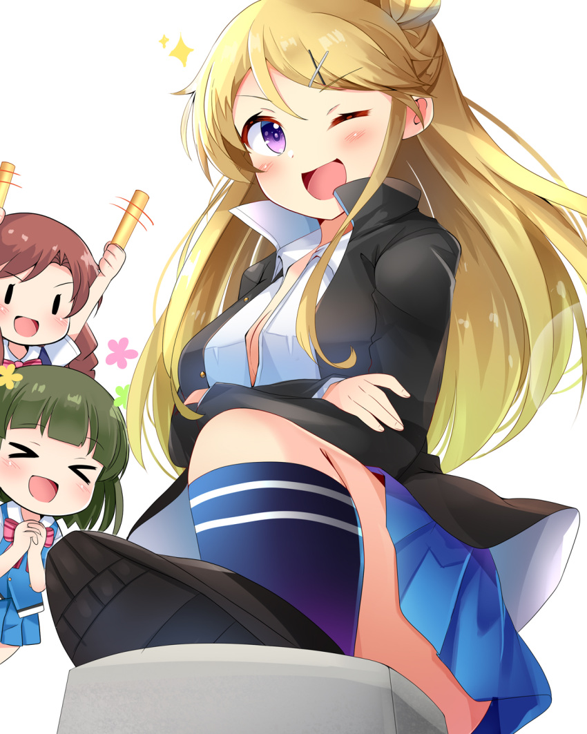 3girls aru_(arudes) black_hair blonde_hair blue_skirt blush bow braid breasts brown_eyes brown_hair cleavage closed_eyes crossed_arms glowstick hair_bun hair_ornament hairbow hairclip highres holding holding_glowstick jacket kin-iro_mosaic kujou_karen long_hair looking_at_viewer matsubara_honoka moegi_high_school_uniform multiple_girls one_eye_closed oomiya_shinobu open_clothes open_mouth penlight_(glowstick) pleated_skirt purple_eyes school_uniform shirt short_hair simple_background single_hair_bun skirt smile socks very_long_hair white_background x_hair_ornament