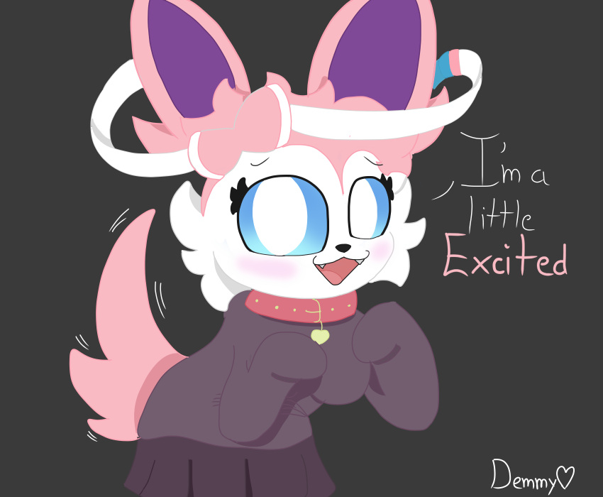 anthro blue_eyes breasts collar demmy eeveelution excited female fur generation_6_pokemon hair hi_res nintendo pink_body pink_hair pokemon pokemon_(species) solo speech_bubble surrounded sylveon tail tail_motion text white_body white_fur