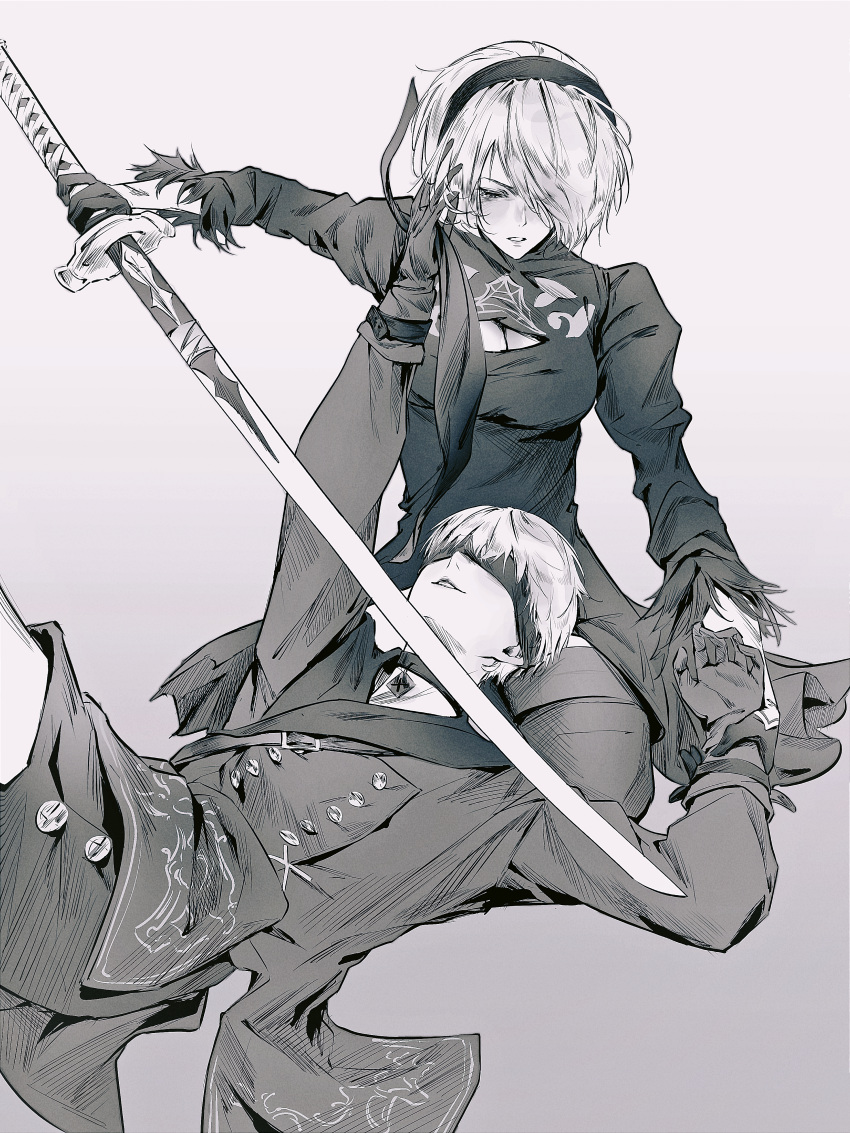 1boy 2b_(nier:automata) 9s_(nier:automata) :o absurdres blush boots breasts choker cleavage cushion feather-trimmed_sleeves female gloves greyscale hairband highres holding holding_another's_wrist holding_blindfold holding_sword holding_weapon honseie jacket juliet_sleeves katana long_sleeves lying monochrome nier:automata nier_(series) on_back print_jacket puffy_sleeves short_hair shorts simple_background smile sword thigh_boots unworn_blindfold virtuous_contract weapon zabuton