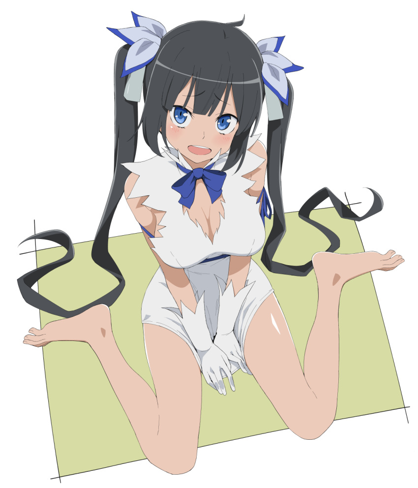 arms_between_legs bare_legs barefoot black_hair blue_eyes breasts cleavage cleavage_cutout clothing_cutout commentary dress dungeon_ni_deai_wo_motomeru_no_wa_machigatteiru_darou_ka female from_above full_body hair_ornament hestia_(danmachi) highres large_breasts long_hair looking_at_viewer open_mouth rei_no_himo salpin short_dress sitting sleeveless sleeveless_dress solo teeth twintails upper_teeth_only wariza white_background white_dress