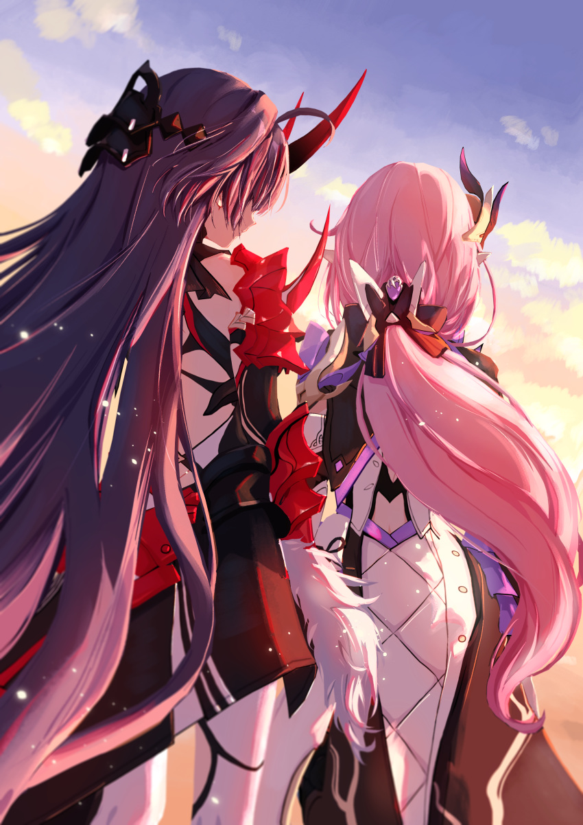 2girls absurdres armor back back_cutout black_bow black_dress blue_sky bow clothing_cutout cloud cloudy_sky coat dress elysia_(honkai_impact) elysia_(miss_pink_elf)_(honkai_impact) facing_another from_behind gauntlets hair_ornament hairbow highres honkai_(series) honkai_impact_3rd horns long_hair multiple_girls pantyhose pink_hair pointy_ears purple_hair raiden_mei raiden_mei_(herrscher_of_thunder) red_horns sen_jin_chen shoulder_armor sky standing very_long_hair white_coat white_pantyhose