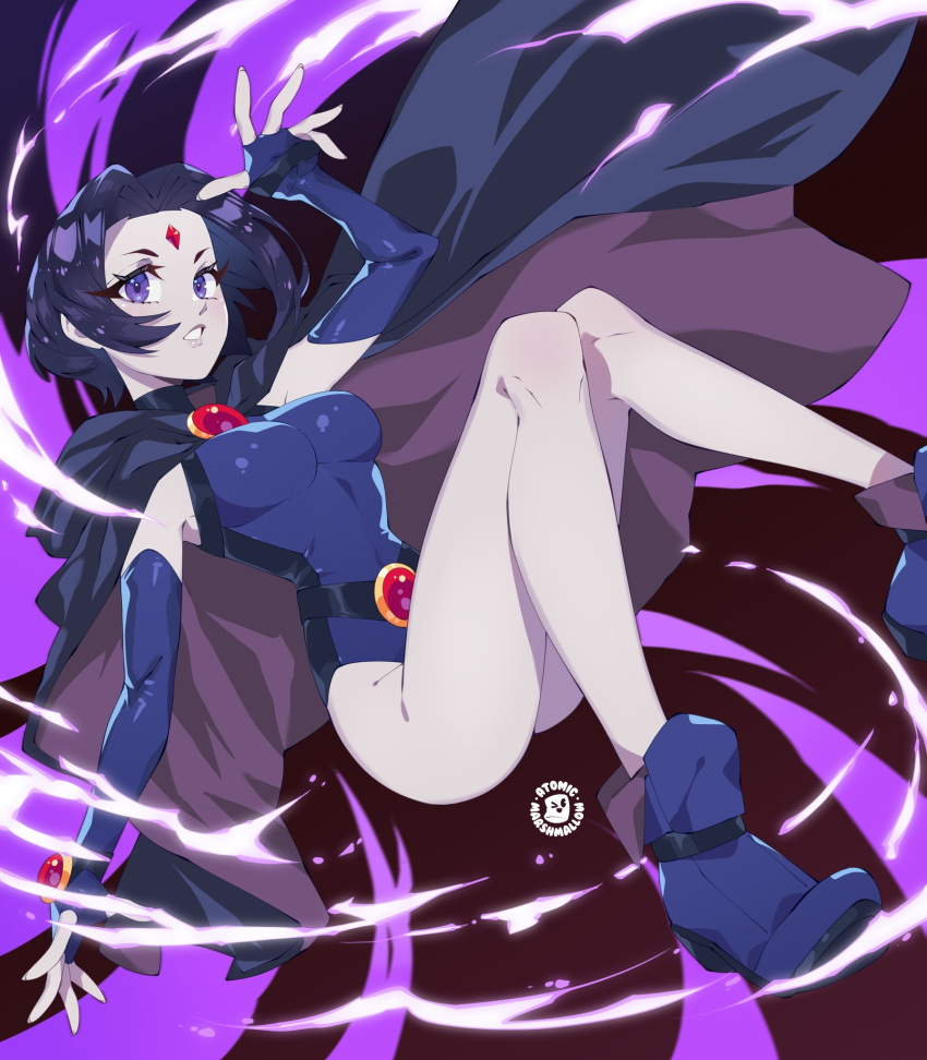 artist_logo atomicmrshmallw belt breasts cloak commentary dc_comics elbow_gloves english_commentary female fingerless_gloves forehead_jewel gloves highres leotard logo looking_afar parted_lips purple_cloak purple_eyes purple_footwear purple_gloves purple_hair purple_leotard raven_(dc) short_hair solo teen_titans