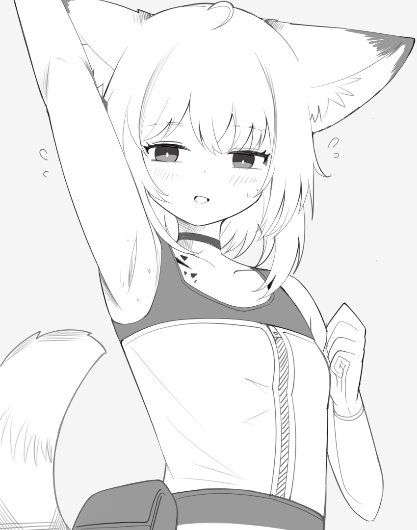 :d absurdres ahoge animal_ears arknights arm_up armpits bare_shoulders blush choker female flying_sweatdrops greyscale hand_up highres looking_at_viewer material_growth monochrome open_mouth oripathy_lesion_(arknights) outstretched_arm short_hair simple_background sleeveless smile solo spam_(spamham4506) sussurro_(arknights) sweat tail tail_raised upper_body waving_arm white_background