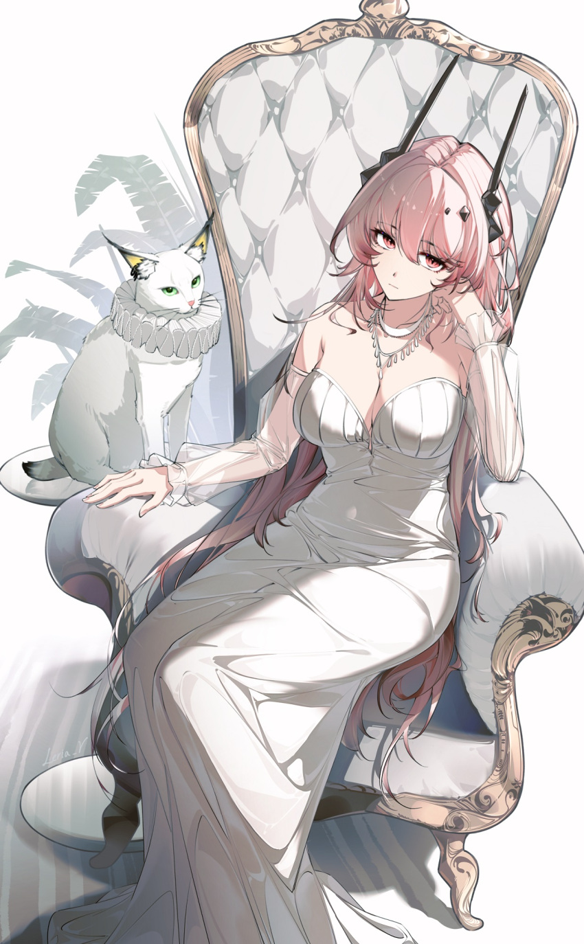 alternate_costume animal animalization arknights black_horns breasts chair cleavage closed_mouth detached_sleeves dress feline female green_eyes highres horns jewelry kal'tsit_(arknights) leria_v long_hair looking_at_viewer material_growth necklace on_chair oripathy_lesion_(arknights) pink_eyes pink_hair see-through_clothes see-through_sleeves simple_background sitting solo theresa_(arknights) very_long_hair white_background white_dress