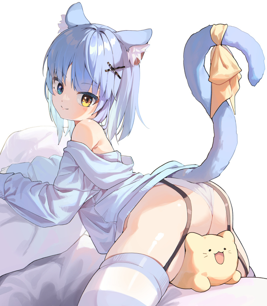 absurdres animal_ears between_legs blue_eyes blue_hair blue_hoodie cat_between_legs cat_ears cat_girl cat_tail character_request copyright_request feline female garter_straps heterochromia highres hood hood_down hoodie long_sleeves looking_at_viewer medium_hair no_pants off_shoulder panties ribbon striped_clothes striped_thighhighs tail tail_ornament tail_ribbon thighhighs underwear white_panties yellow_eyes zonunoll