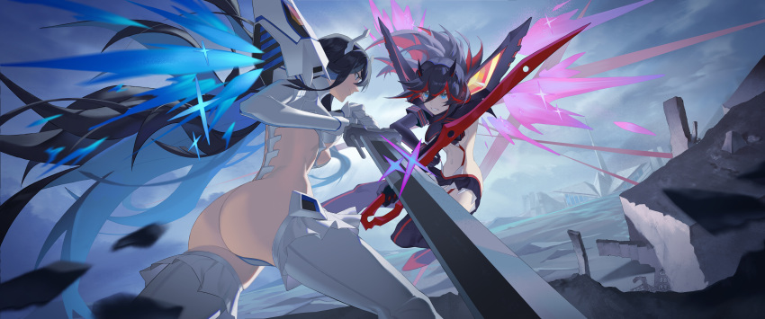 2girls absurdres bakuzan black_hair blue_eyes commentary highres junketsu kamui_(kill_la_kill) kill_la_kill kiryuuin_satsuki life_fiber living_clothes long_hair matoi_ryuuko multicolored_hair multiple_girls o2_(rin617) red_streaks revealing_clothes scissor_blade_(kill_la_kill) senketsu siblings sisters streaked_hair suspenders sword_fight two-tone_hair