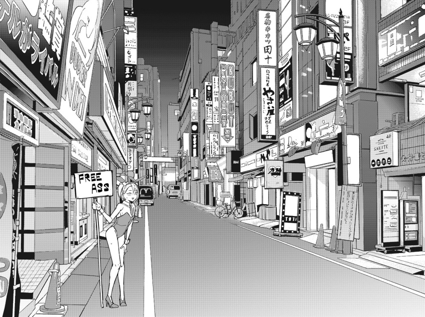 animal_ears building fake_animal_ears feline female flat_chest full_body greyscale high_heels holding holding_sign monochrome night original outdoors playboy_bunny rabbit_ears road short_hair sign smile solo street town zettai_yarumoni