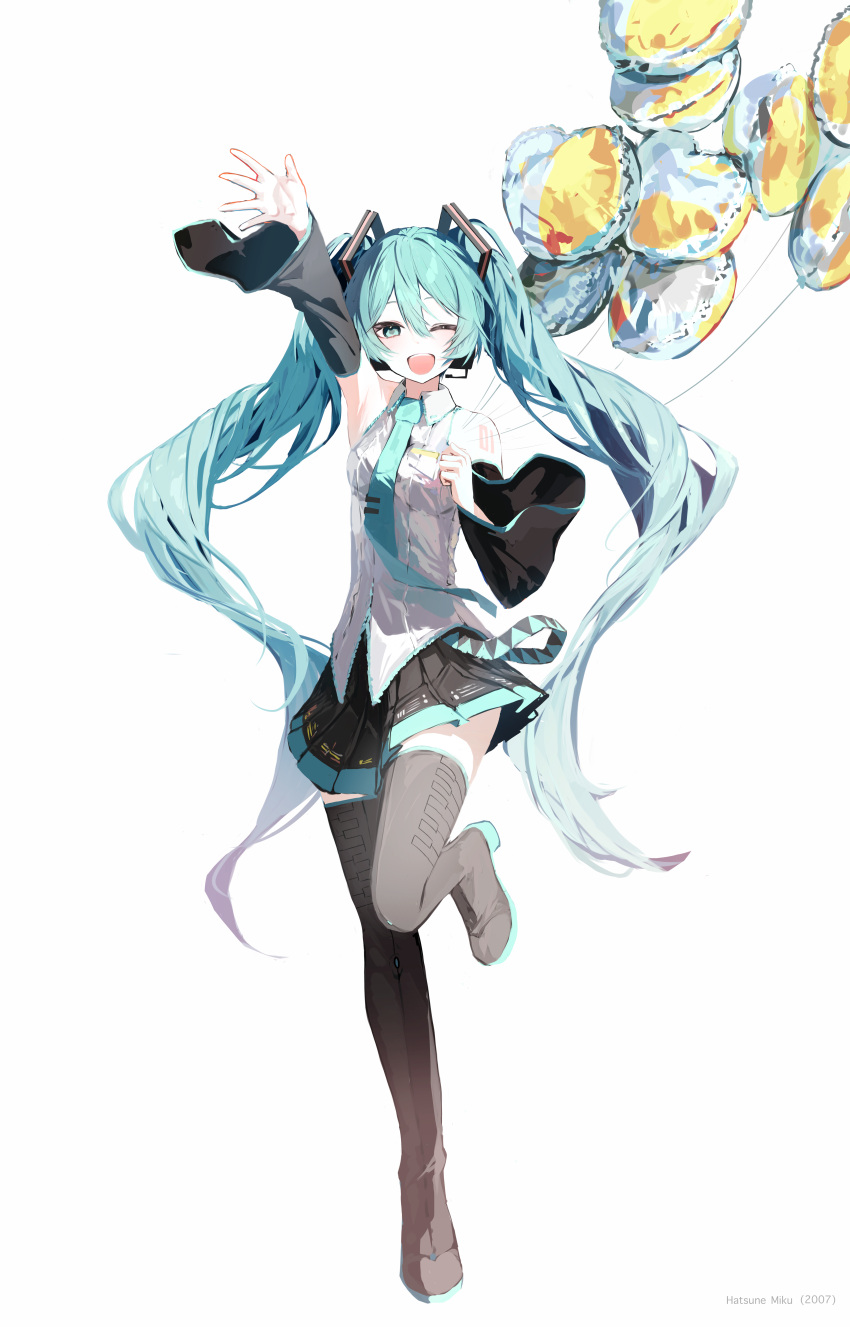 absurdres aoki_sora aqua_eyes aqua_hair aqua_necktie aqua_trim arm_up balloon bare_shoulders black_footwear black_skirt black_sleeves boots breasts collared_shirt commentary_request detached_sleeves female full_body grey_shirt hair_between_eyes hair_ornament hand_up hatsune_miku headphones highres holding holding_balloon knee_boots long_hair long_sleeves looking_at_viewer necktie number_tattoo one_eye_closed open_mouth pleated_skirt shirt shoulder_tattoo simple_background skirt sleeveless sleeveless_shirt small_breasts solo standing standing_on_one_leg tattoo twintails very_long_hair vocaloid white_background