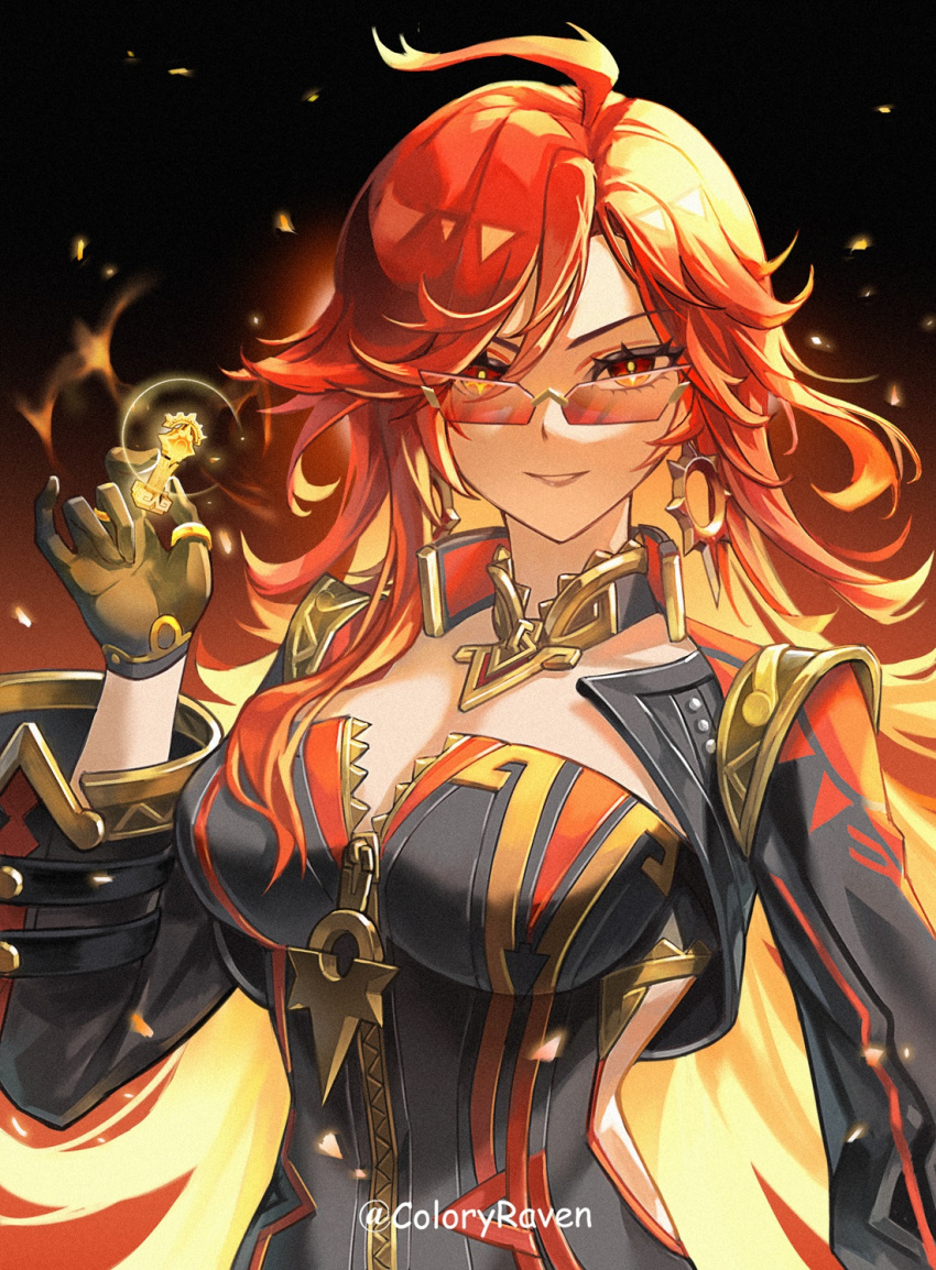 ahoge black_bikesuit black_gloves bodysuit breasts chess_piece coloryraven earrings female genshin_impact gloves gnosis_(genshin_impact) highres jewelry long_hair long_sleeves looking_at_viewer mavuika_(genshin_impact) multicolored_hair open_mouth orange_eyes orange_hair red_hair smile solo sunglasses two-tone_hair very_long_hair