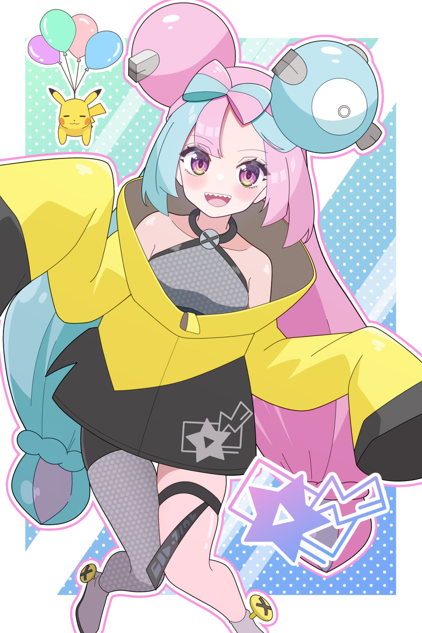 absurdres blue_hair blush bow-shaped_hair breasts character_hair_ornament fangs female grey_pantyhose hair_ornament hexagon_print highres iono_(pokemon) jacket long_hair long_sleeves looking_at_viewer low-tied_long_hair multicolored_hair odorukaminoke oerba_yun_fang open_mouth oversized_clothes pantyhose pink_eyes pink_hair pokemon pokemon_sv sharp_teeth single_leg_pantyhose sleeves_past_fingers sleeves_past_wrists smile solo split-color_hair teeth two-tone_hair very_long_sleeves yellow_jacket