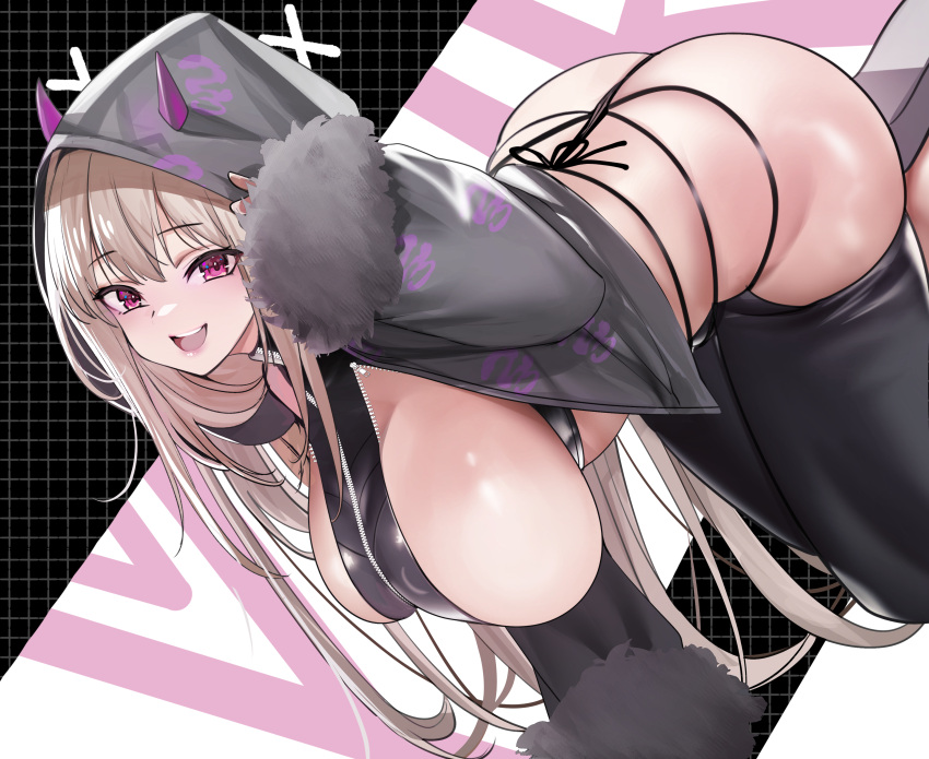 :d absurdres all_fours alternate_costume blush breasts female goddess_of_victory:_nikke hanging_breasts highres hood hood_up horns huge_breasts light_brown_hair long_hair long_sleeves looking_at_viewer open_mouth purple_eyes purple_horns sideboob smile solo teddypocky teeth thighs upper_teeth_only viper_(nikke)