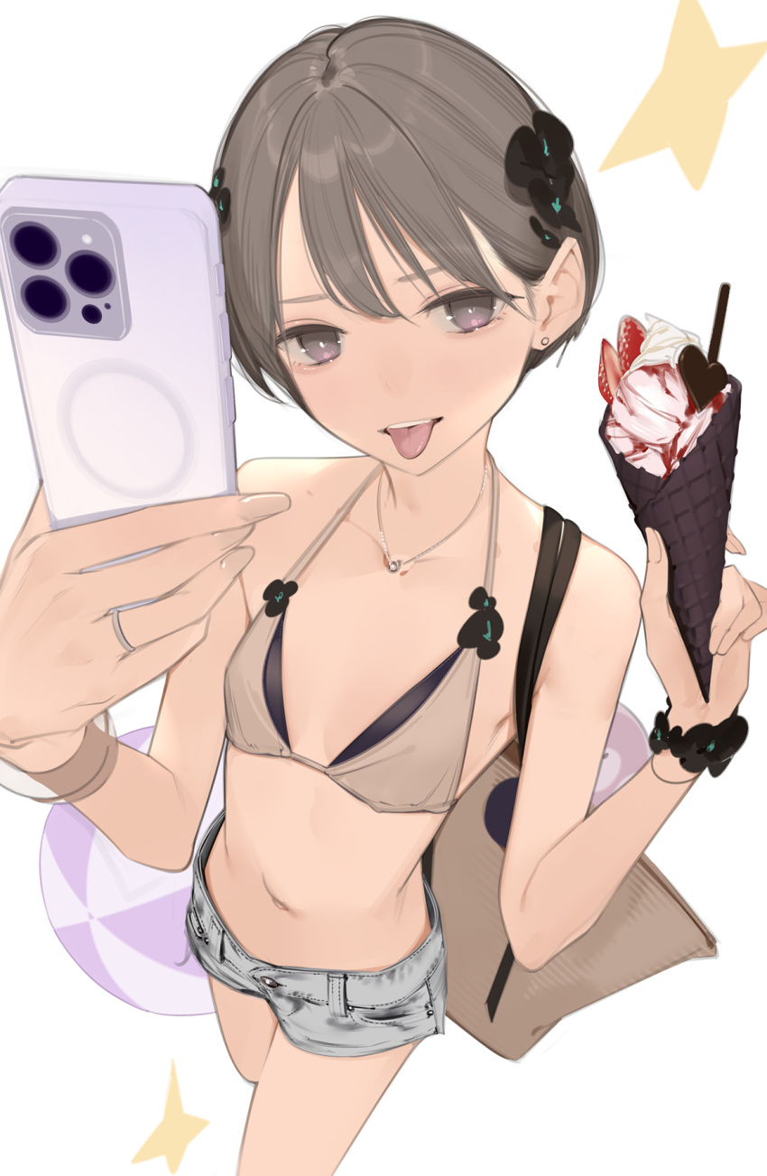 ama_mitsuki bikini bikini_top_only black_scrunchie brown_bikini brown_eyes brown_hair cellphone commentary_request female food from_above hands_up highres holding holding_food holding_phone ice_cream ice_cream_cone navel original phone scrunchie short_shorts shorts simple_background smartphone solo standing swimsuit white_background white_shorts wrist_scrunchie