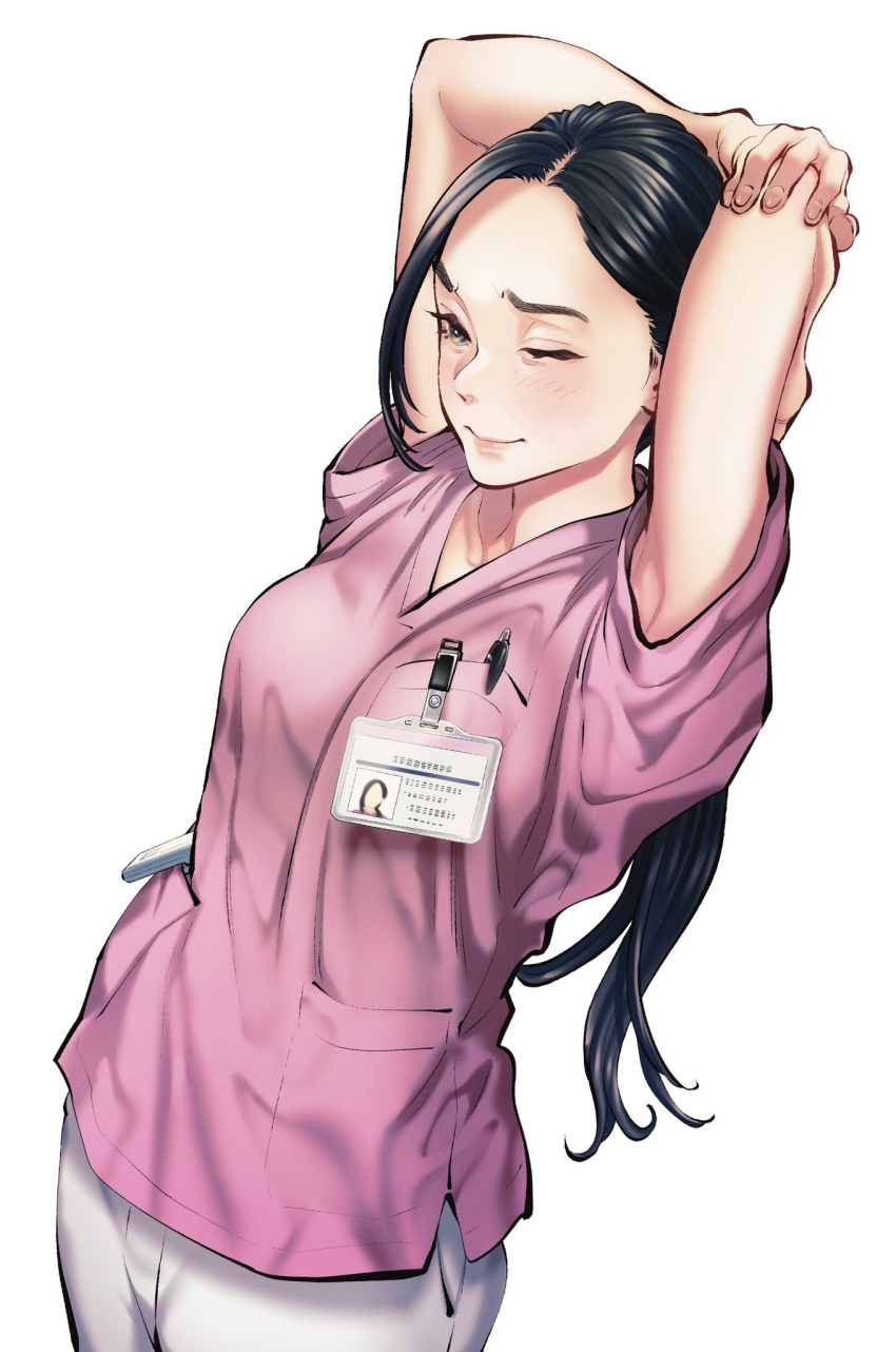 armpits arms_behind_head black_hair breast_pocket breasts closed_mouth commentary_request cowboy_shot female green_eyes highres id_card long_hair medical_scrubs medium_breasts mori_taishi official_art one_eye_closed pants pink_shirt pocket radiation_house shirt simple_background solo standing stretching white_background white_pants