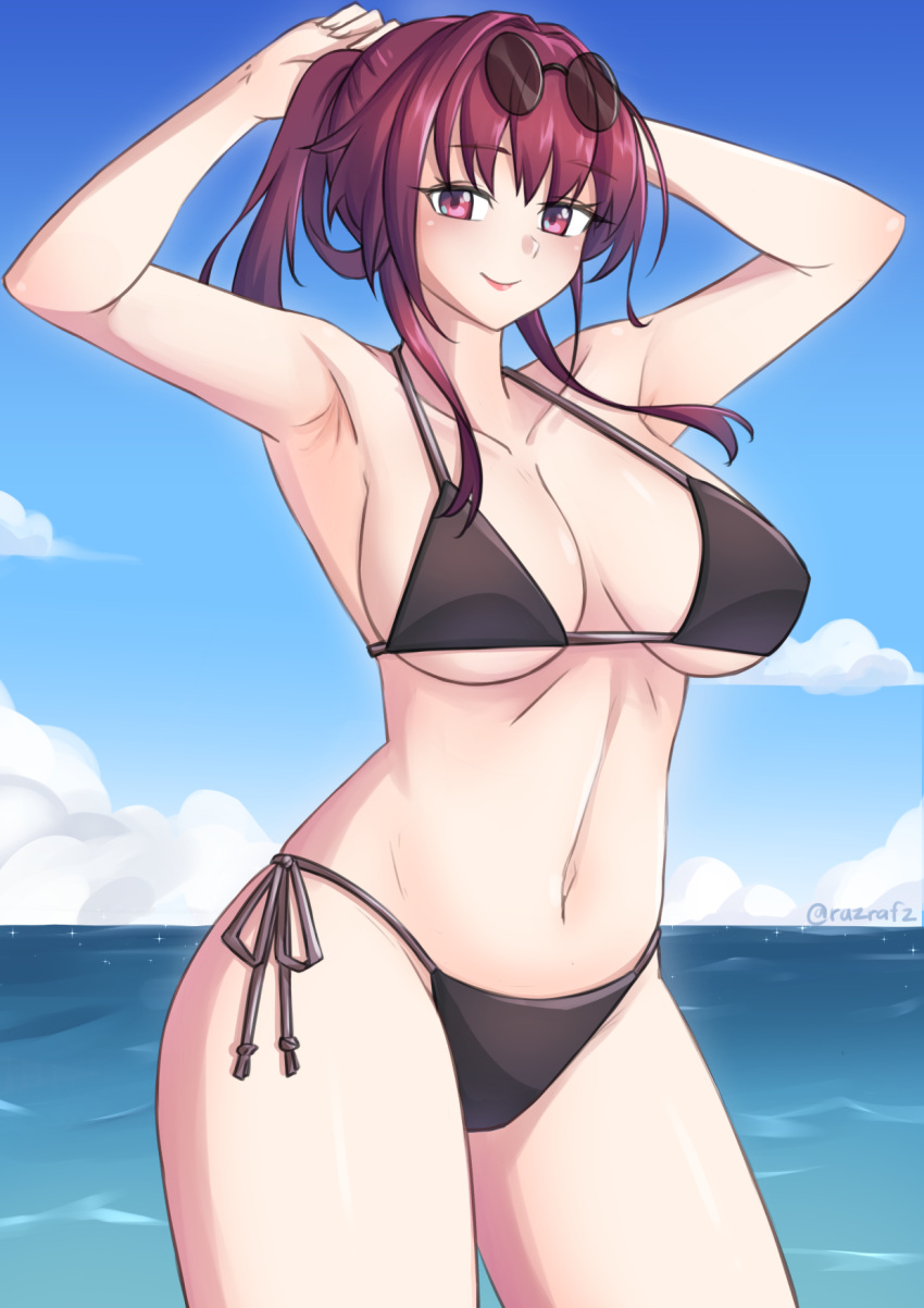 armpits arms_up artist_name beach bikini black_bikini blue_sky breasts breasts_apart collarbone contrapposto cowboy_shot day english_commentary female hair_intakes highres honkai:_star_rail honkai_(series) horizon kafka_(honkai:_star_rail) large_breasts linea_alba long_hair ocean pince-nez ponytail presenting_armpit purple_eyes purple_hair razrafz side-tie_bikini_bottom sky smile standing swimsuit water