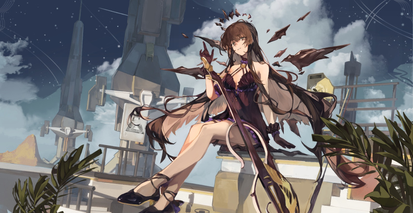 arknights bare_shoulders black_dress black_eyes black_footwear black_gloves black_hair black_halo black_wings breasts cello chinese_commentary commentary_request crossed_legs dress female gloves halo high_heels highres instrument linkai long_hair night night_sky official_alternate_costume outdoors sky small_breasts solo virtuosa_(arknights) virtuosa_(diversity_oneness)_(arknights) wings