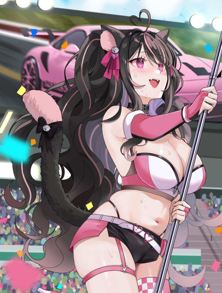 absurdres ahoge animal_ear_fluff animal_ears armpit_crease bare_shoulders belt black_choker black_hair black_shorts breasts bridal_gauntlets car cat_ears cat_girl cat_tail choker cleavage confetti cowboy_shot crop_top fangs female hair_ribbon hand_up heart heart-shaped_pupils heart_ahoge highleg highres holding holding_pole indie_virtual_youtuber large_breasts long_hair looking_up may_nakasaki micro_shorts midriff motor_vehicle multicolored_hair navel nikkinyami_(vtuber) one_side_up open_mouth panty_straps pink_eyes pink_thighhighs pole race_queen race_vehicle racecar ribbon shirt shorts single_thighhigh skindentation sleeveless sleeveless_shirt smile solo spaghetti_strap standing stomach streaked_hair sweat symbol-shaped_pupils tail tail_raised thigh_strap thighhighs thighs two-tone_shirt two-tone_shorts very_long_hair virtual_youtuber wavy_hair