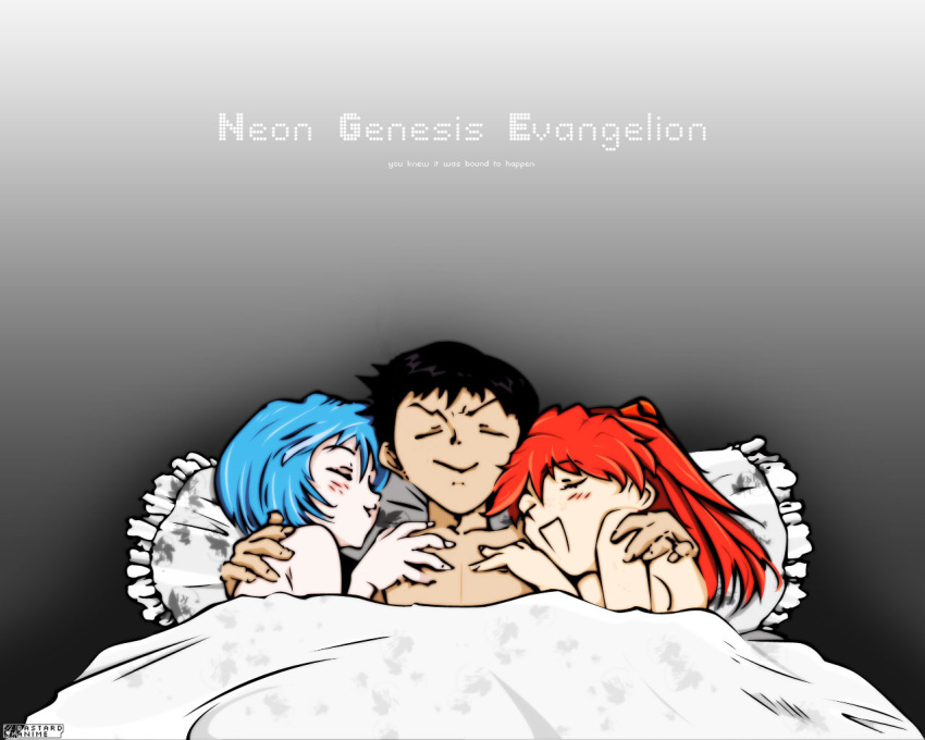 1boy 2girls after_sex ayanami_rei bed black_hair blanket blue_hair blush breasts closed_eyes closed_mouth copyright_name english_text facing_viewer ffm_threesome good_end gradient_background grey_background group_sex hair_between_eyes hand_on_another's_chest hand_on_another's_shoulder ikari_shinji isutoshi long_hair lying medium_breasts multiple_girls neon_genesis_evangelion on_back on_side open_mouth orange_hair pillow red_hair short_hair sideboob smile smirk source_request souryuu_asuka_langley straight third-party_edit threesome upper_body