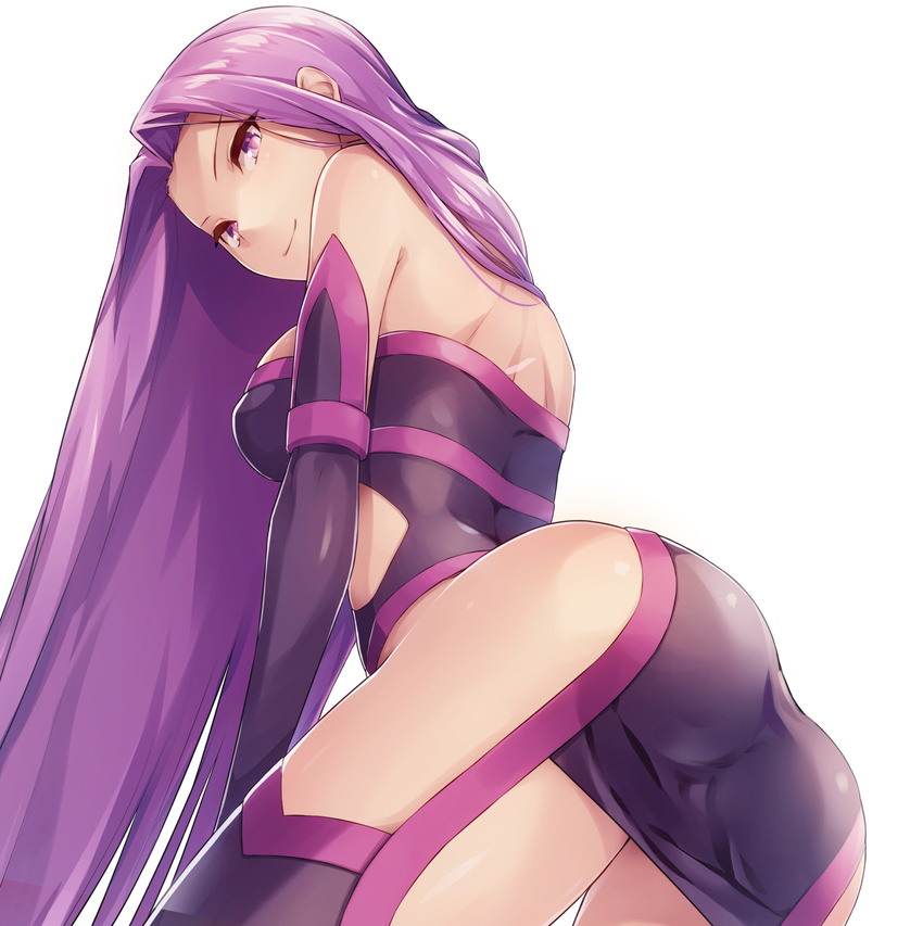 absurdres ass back bare_shoulders breasts commentary_request fate/stay_night fate_(series) female highres long_hair looking_at_viewer looking_back medium_breasts medusa_(fate) medusa_(rider)_(fate) medusa_(rider)_(third_ascension)_(fate) purple_eyes purple_hair sajittari simple_background smile solo very_long_hair white_background