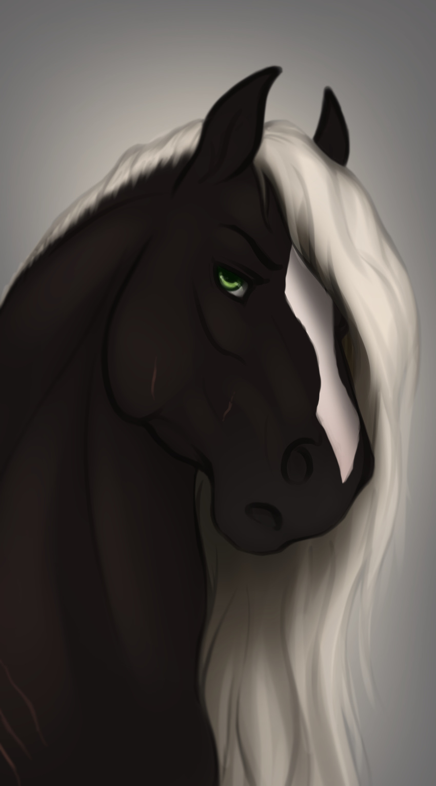 2018 absurd_res aidan_(apollo13) ambiguous_gender anuta_belko better_version_at_source black_body black_eyebrows black_fur digital_media_(artwork) equid equine eyebrows feral frown fur green_eyes grey_background grumpy headshot_portrait hi_res horse looking_at_viewer mammal mane multicolored_body multicolored_fur portrait simple_background solo two_tone_body two_tone_fur unavailable_at_source white_body white_fur white_mane