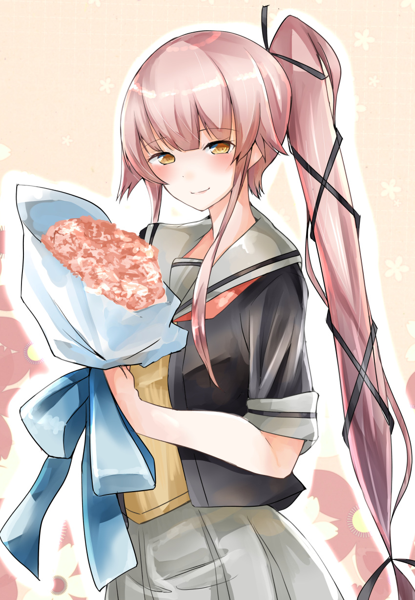 absurdres black_gloves black_jacket black_ribbon bouquet commentary_request cowboy_shot female floral_background flower gloves grey_sailor_collar grey_skirt hair_flaps hair_ribbon highres jacket kantai_collection kazu_(really_in_hot_water_now) long_hair looking_at_viewer neck_ribbon orange_eyes pink_background pink_hair ponytail red_ribbon ribbon sailor_collar school_uniform serafuku skirt smile solo very_long_hair yura_(kancolle) yura_kai_ni_(kancolle)