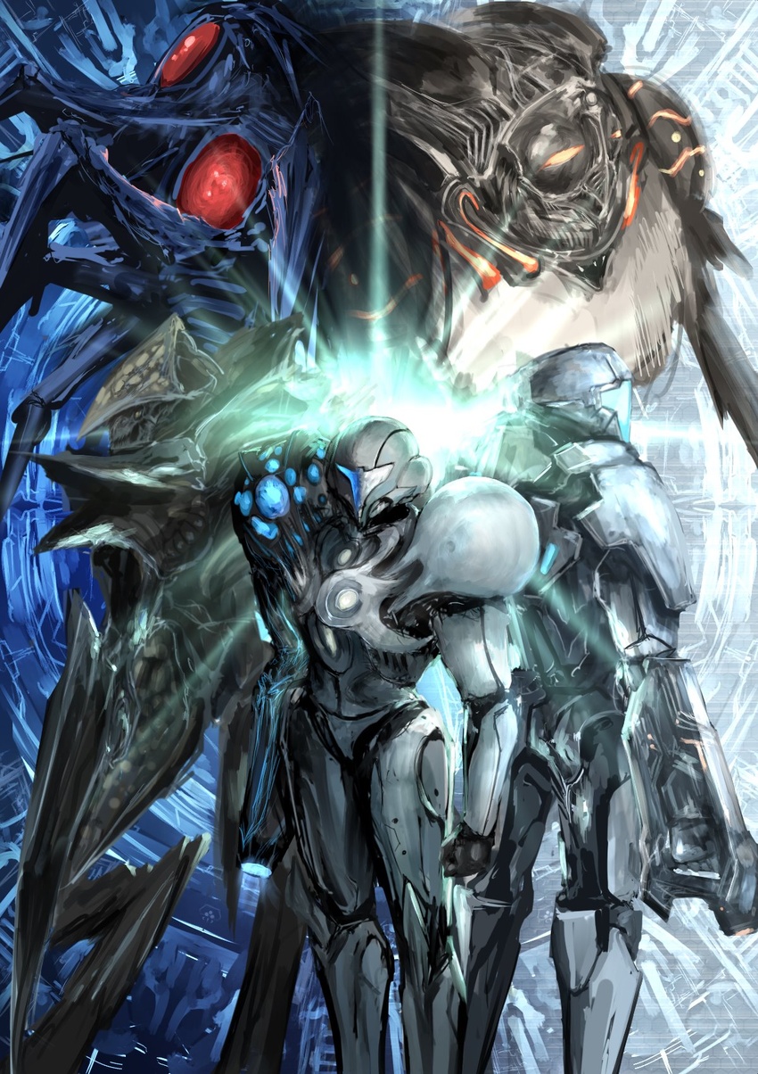 1boy armor assault_visor blue_visor commentary_request dark_samus dennou_manjuu female galactic_federation_trooper gun highres ing_(metroid) light light_suit_(metroid) looking_at_viewer looking_away luminoth metroid metroid_prime_2:_echoes pose power_armor samus_aran space_pirate_(metroid) weapon white_visor