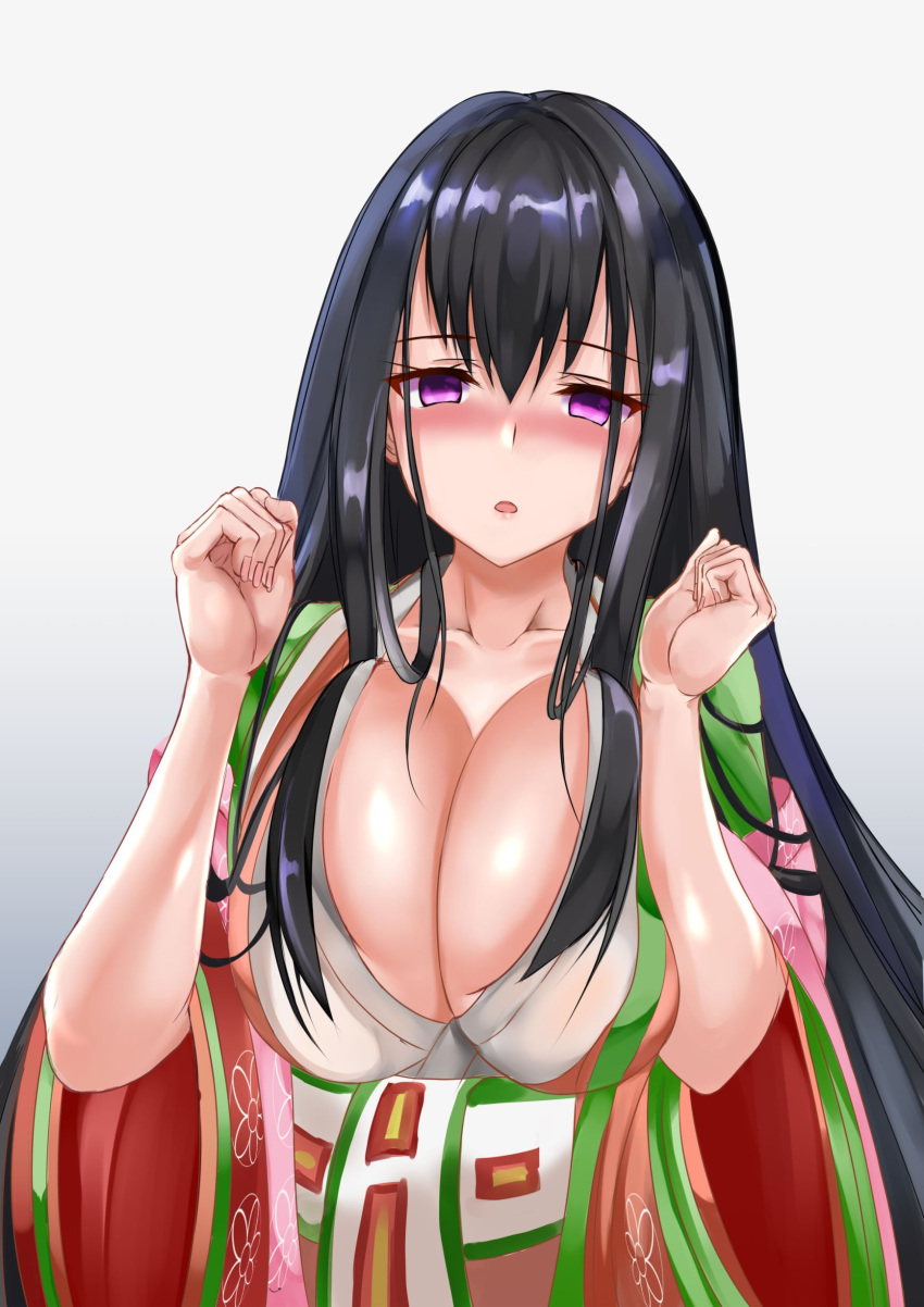 absurdres breasts brown_hair cleavage commentary_request dress fate/grand_order fate_(series) female highres japanese_clothes kimono large_breasts long_hair long_sleeves looking_at_viewer murasaki_shikibu_(fate) purple_eyes solo uchida_shou very_long_hair