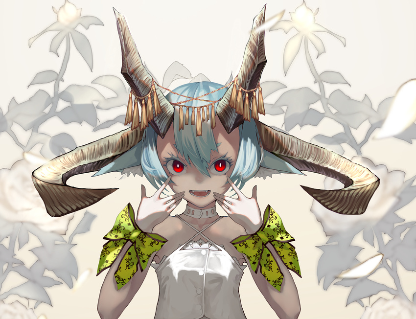 animal_ears blue_hair buttons choker commentary_request criss-cross_halter female green_ribbons hair_between_eyes halterneck highres horn_ornament horns kesuno looking_at_viewer oerba_yun_fang open_mouth original red_eyes ribbon short_hair smile solo teeth upper_body wrist_ribbon