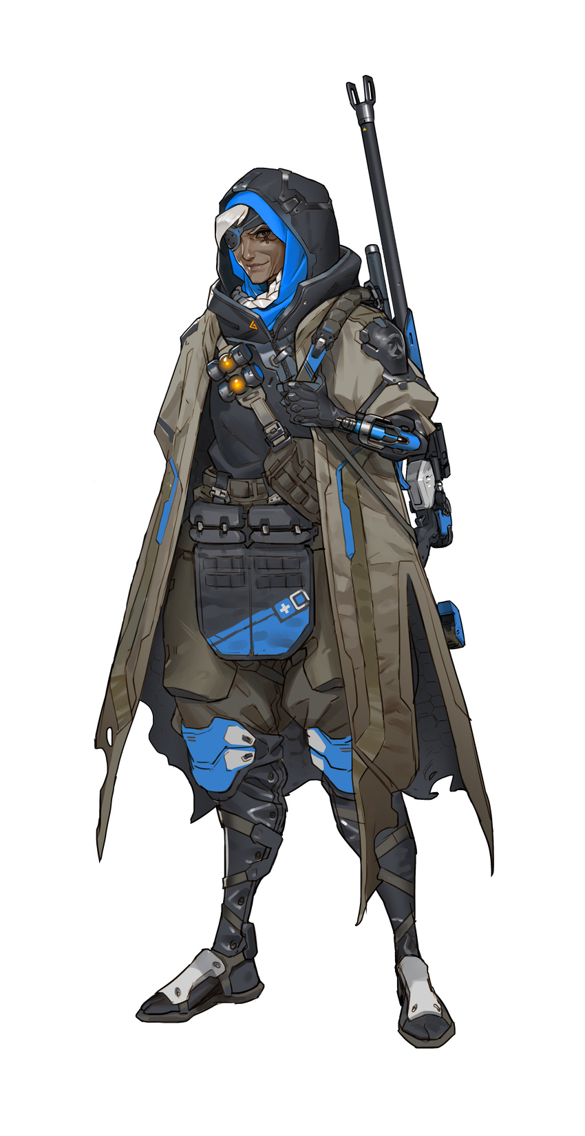 absurdres ana_(overwatch) arnold_tsang dark-skinned_female dark_skin eyepatch facial_tattoo female full_body gun highres hood looking_at_viewer official_art overwatch overwatch_1 rifle sniper_rifle solo standing tattoo transparent_background weapon white_hair