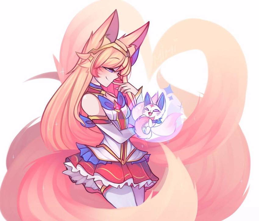 ahri alternate_costume alternate_hair_color blue_eyes breasts cleavage female fox_ears fox_tail league_of_legends lips long_hair magical_girl nail_polish peach_hair skirt smile solo star_guardian_ahri thigh_boots tiara