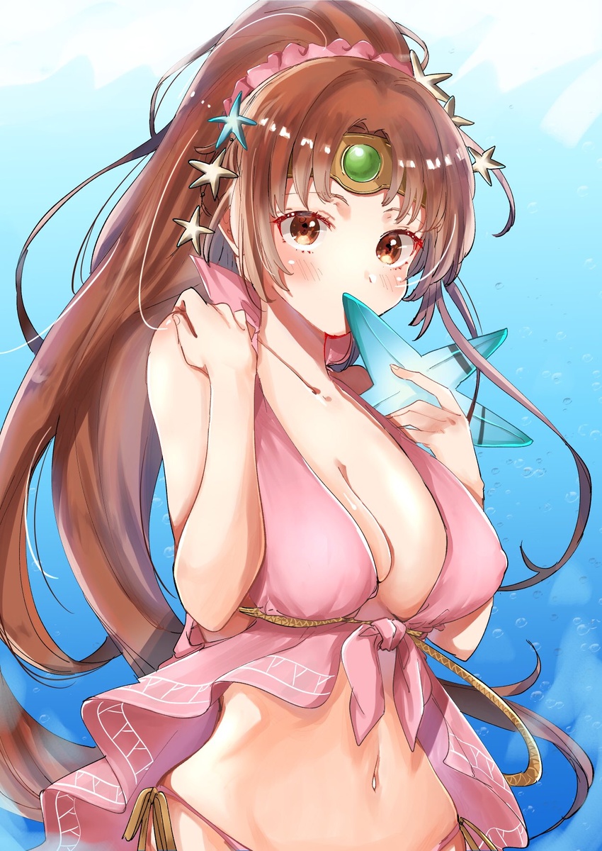 bare_shoulders bikini blush breasts brown_eyes brown_hair bubble circlet cleavage collarbone commentary covering_own_mouth female fire_emblem fire_emblem:_mystery_of_the_emblem fire_emblem_heroes hair_ornament hand_on_own_shoulder highres in_mouth large_breasts linde_(fire_emblem) linde_(summer)_(fire_emblem) long_hair midriff navel nekolook pink_bikini ponytail rope side-tie_bikini_bottom solo star_(symbol) swimsuit very_long_hair water