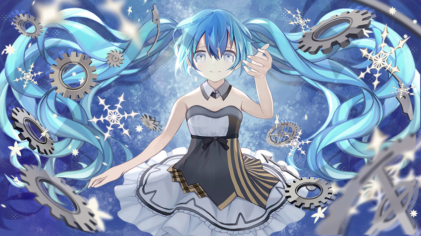 arm_up blue_hair choker commentary_request female floating_hair grey_eyes hair_between_eyes hatsune_miku kari_kenji long_hair looking_at_viewer photoshop_(medium) skirt smile solo strapless twintails very_long_hair vocaloid white_skirt